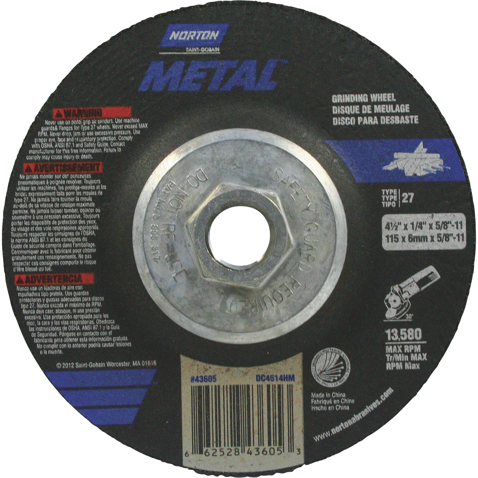 Norton Metal and Masonry Grinding Wheel, 4.5in. Dia.